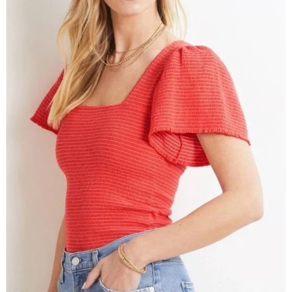 NATION LTD Scarlett Smocked Flutter Puff Sleeve Top Square Neck Pima Cotton